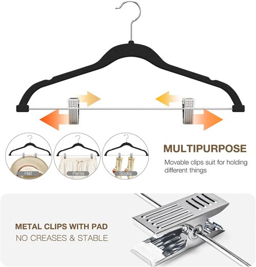 Korpai 36-Pack Black Velvet Hangers - Adjustable Non-Slip Clips for Space-Saving Storage