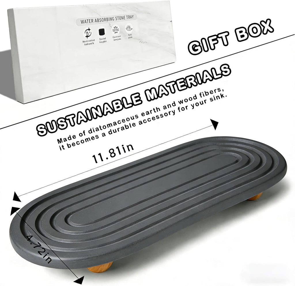 Skiennix Instant Dry Sink Tray - Anti-Slip Stone Caddy for Kitchen & Bathroom | Quick Dry Dark Gray