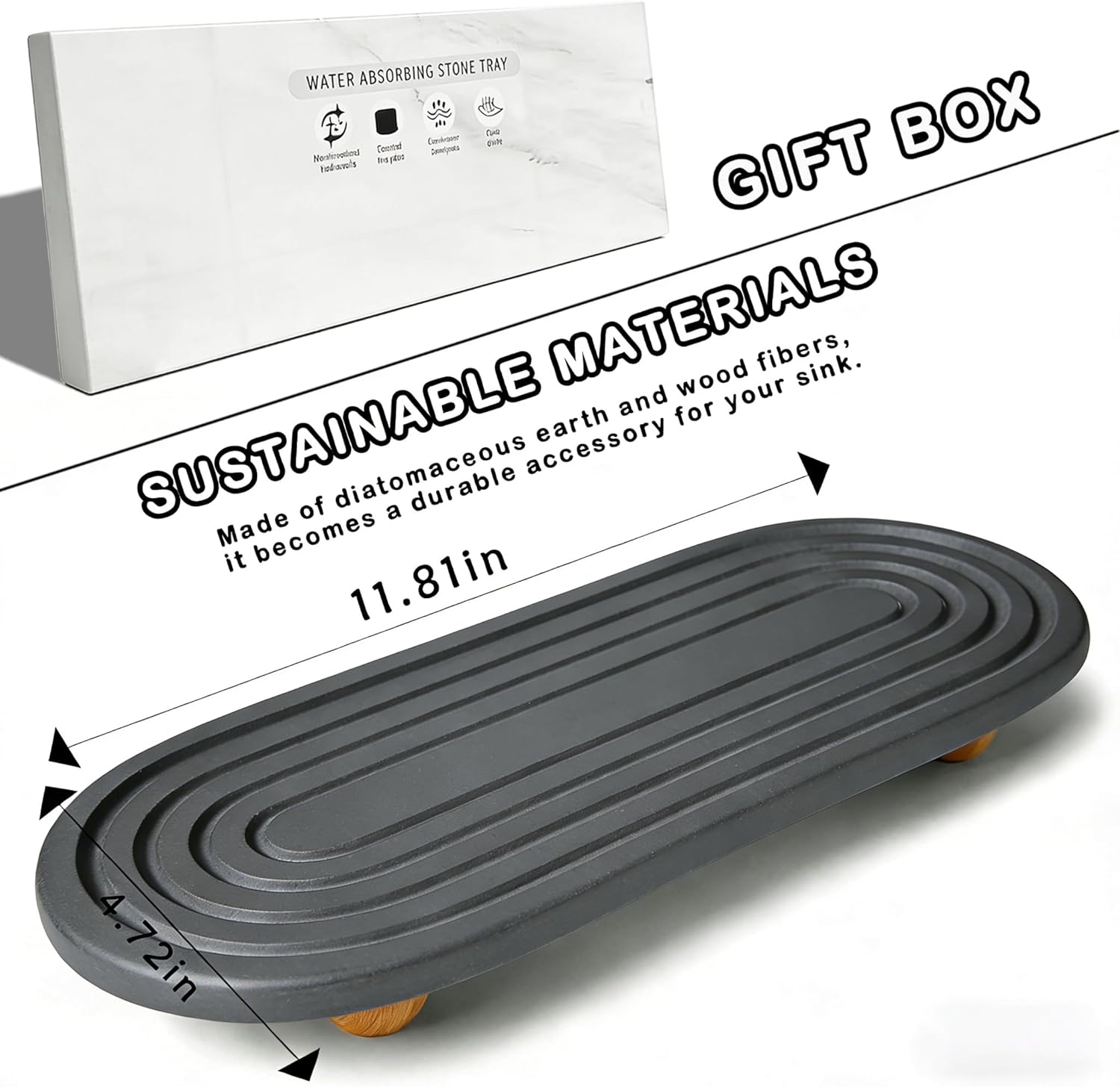 Skiennix Instant Dry Sink Tray - Anti-Slip Stone Caddy for Kitchen & Bathroom | Quick Dry Dark Gray