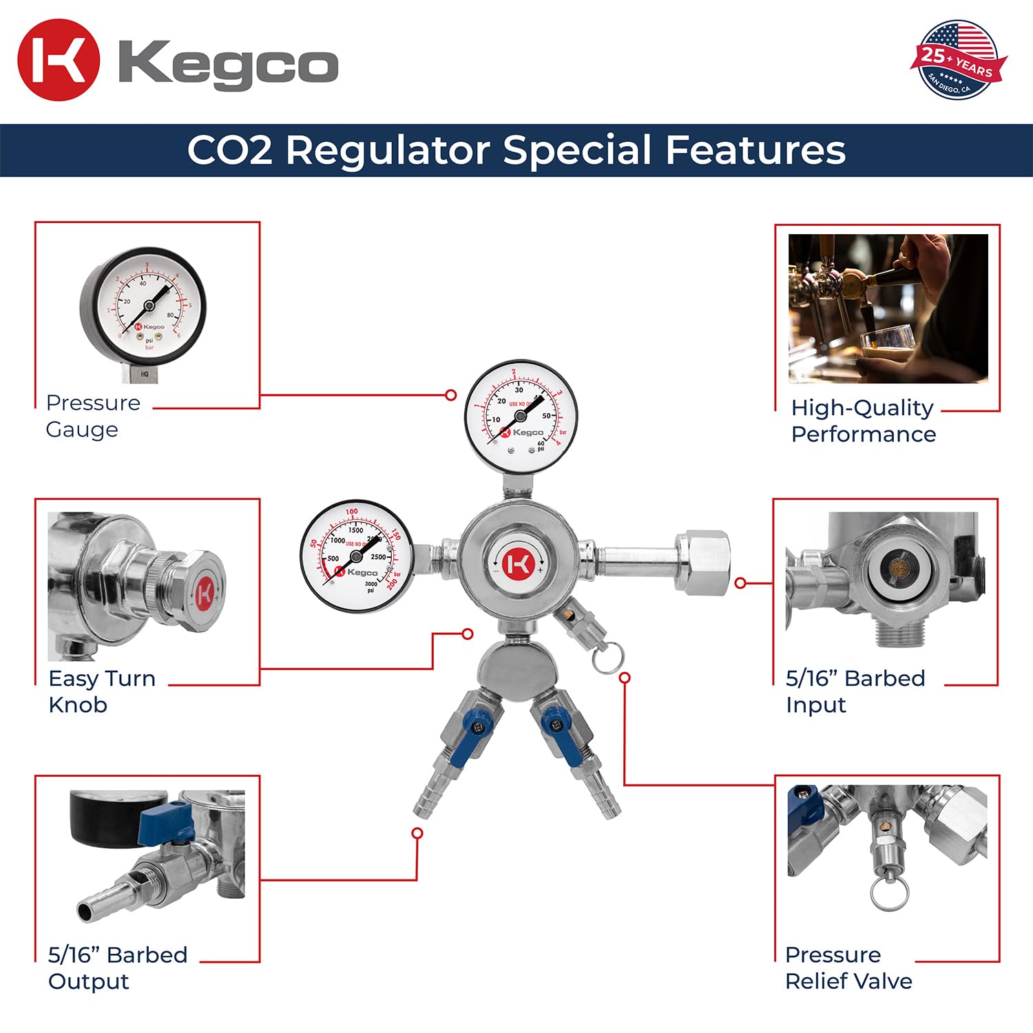 Kegco KC LH-542-2 Dual Product Premium Pro Series Dual Gauge Co2 Beer Regulator, Chrome