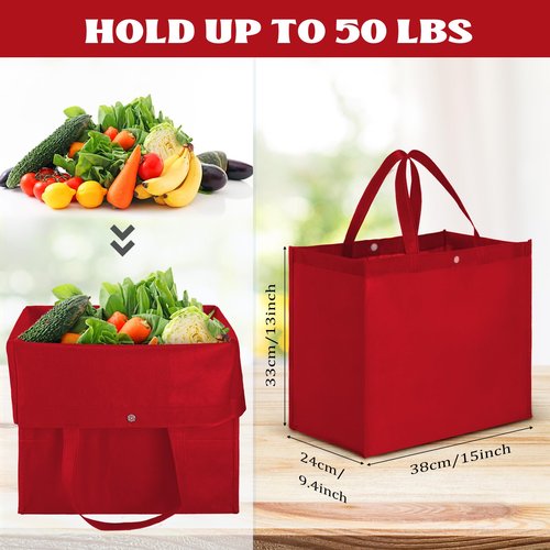 Zhehao 60 Pcs Reusable Grocery Bags Bulk Large Foldable Shopping Tote Bags Non Woven with Handle and Plastic Button(Red)