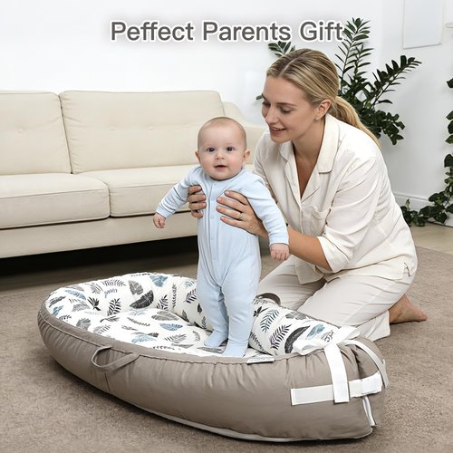 Infant Support Cushion - Reversible & Adjustable Baby Support Mat for Tummy Time | Soft, Breathable, Washable Cover | Grey Leaves