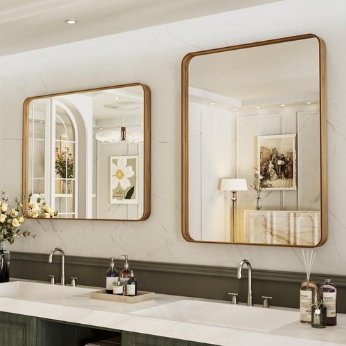 LOAAO Bathroom Mirror - 24x36 Inch Rounded Rectangle Design with Wood Grain Metal Frame | Anti-Rust, Versatile Hanging Options