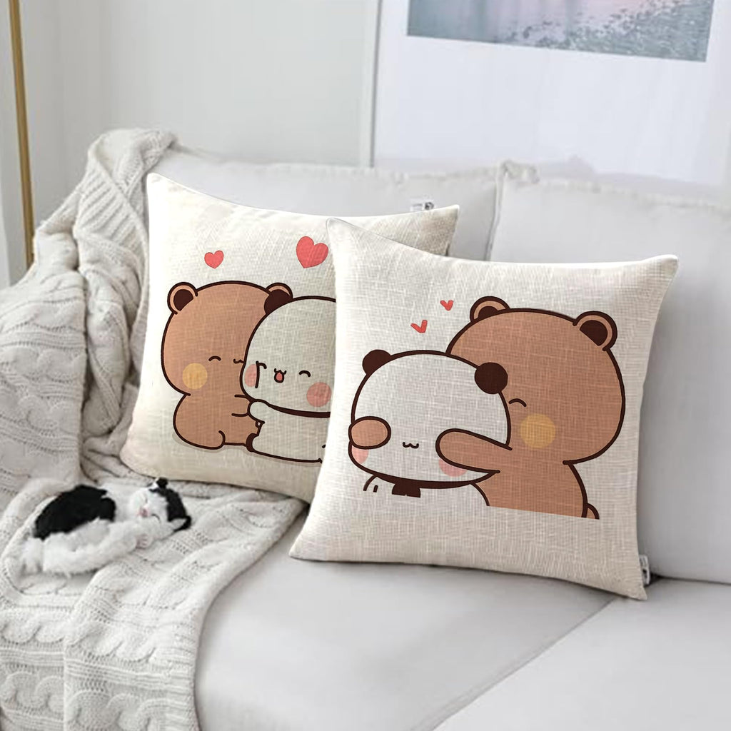 YOKUSHI Bubu and Dudu Bears Throw Pillow Covers 18x18 Set of 4, Linen Double-Sided Decorative Couch Pillow Cases with Invisible Zipper, Living Room Sofa Decor (B)
