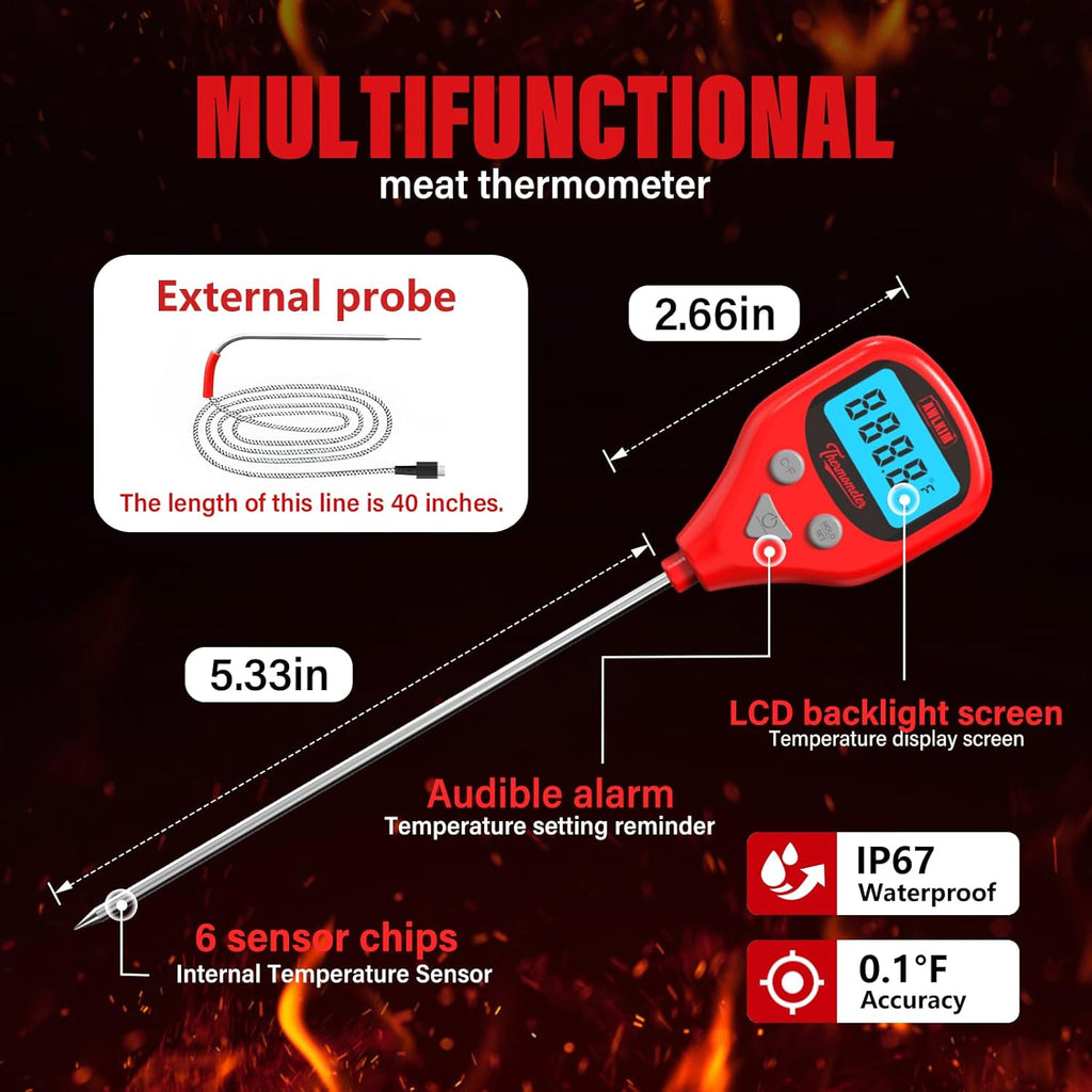 AWLKIM Digital Meat Thermometer - Rechargeable Instant Read with 40-Inch Probe | IP67 Waterproof, Audible Alarm