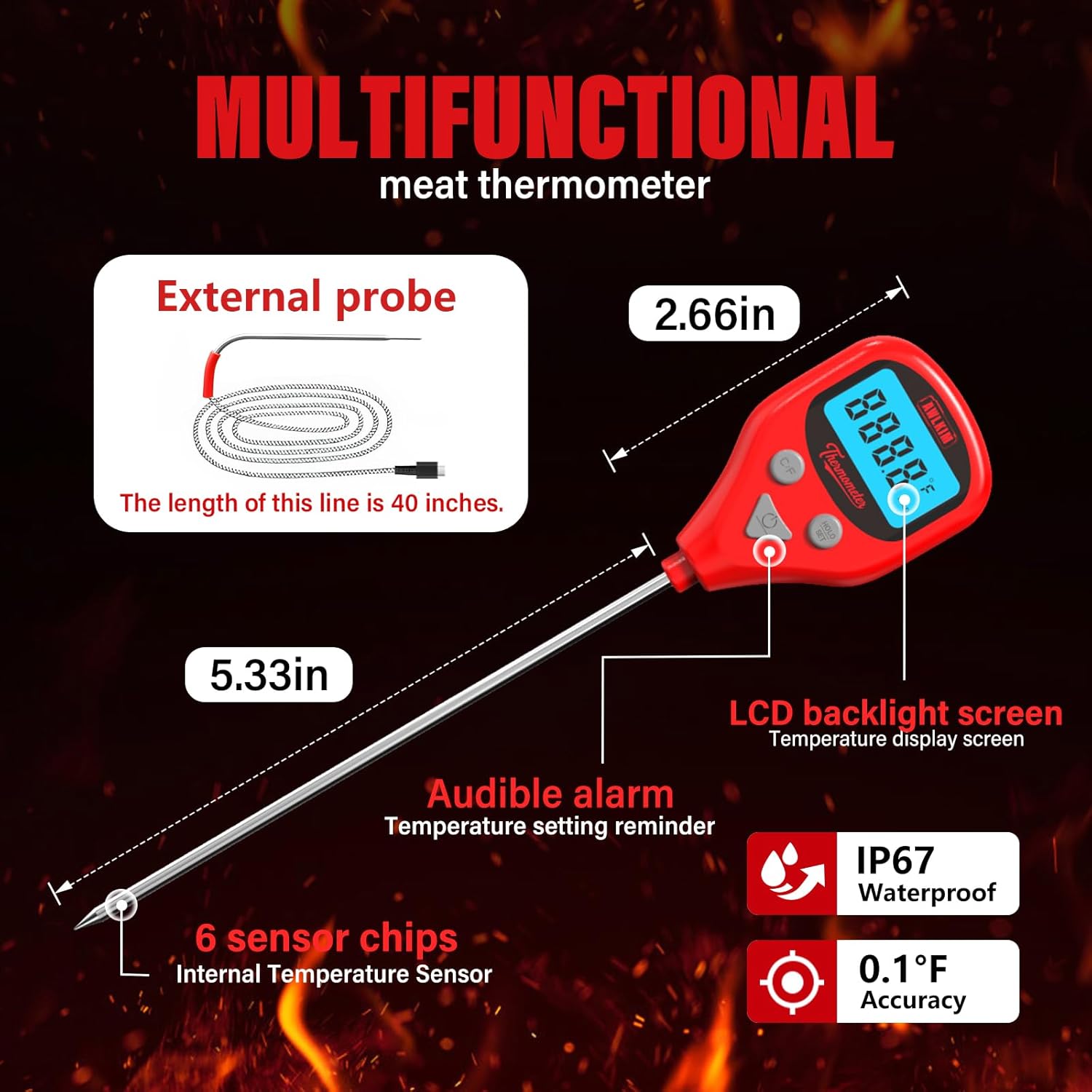 AWLKIM Digital Meat Thermometer - Rechargeable Instant Read with 40-Inch Probe | IP67 Waterproof, Audible Alarm