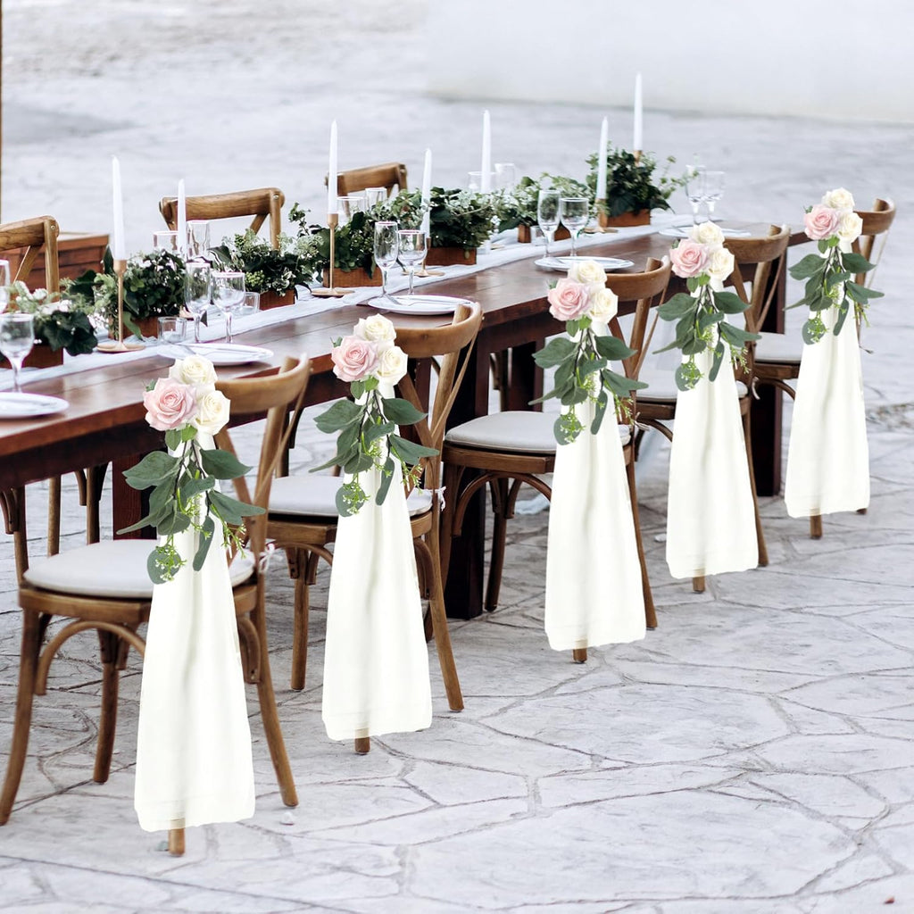 VitalCozy Wedding Aisle Chair Decorations - 24 Set Chiffon Sashes with Ribbon Bows & Eucalyptus Florals