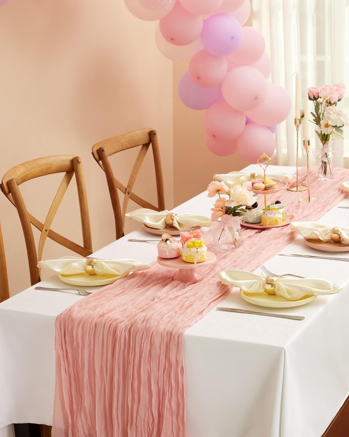 Pureegg Cheesecloth Table Runner - 120'' Boho Gauze for Easter, Baby Shower & Wedding | Dusty Pink