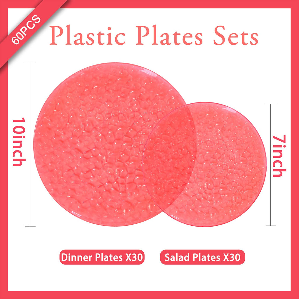 Rubtlamp 60Pcs Red Plastic Plates, Heavy Duty Clear Red Disposable Plates, Fancy Hammered Plastic plates Include 30 Dessert Platos, 30 Dinner Platos for Party Mother's Day