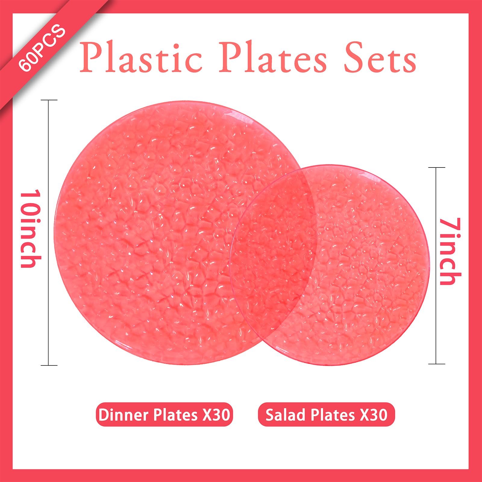 Rubtlamp 60Pcs Red Plastic Plates, Heavy Duty Clear Red Disposable Plates, Fancy Hammered Plastic plates Include 30 Dessert Platos, 30 Dinner Platos for Party Mother's Day