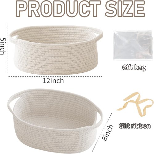 JMvicyroam Woven Storage Baskets - Small Rope Bins with Handles for Organizing Shelves | White, 3-Pack