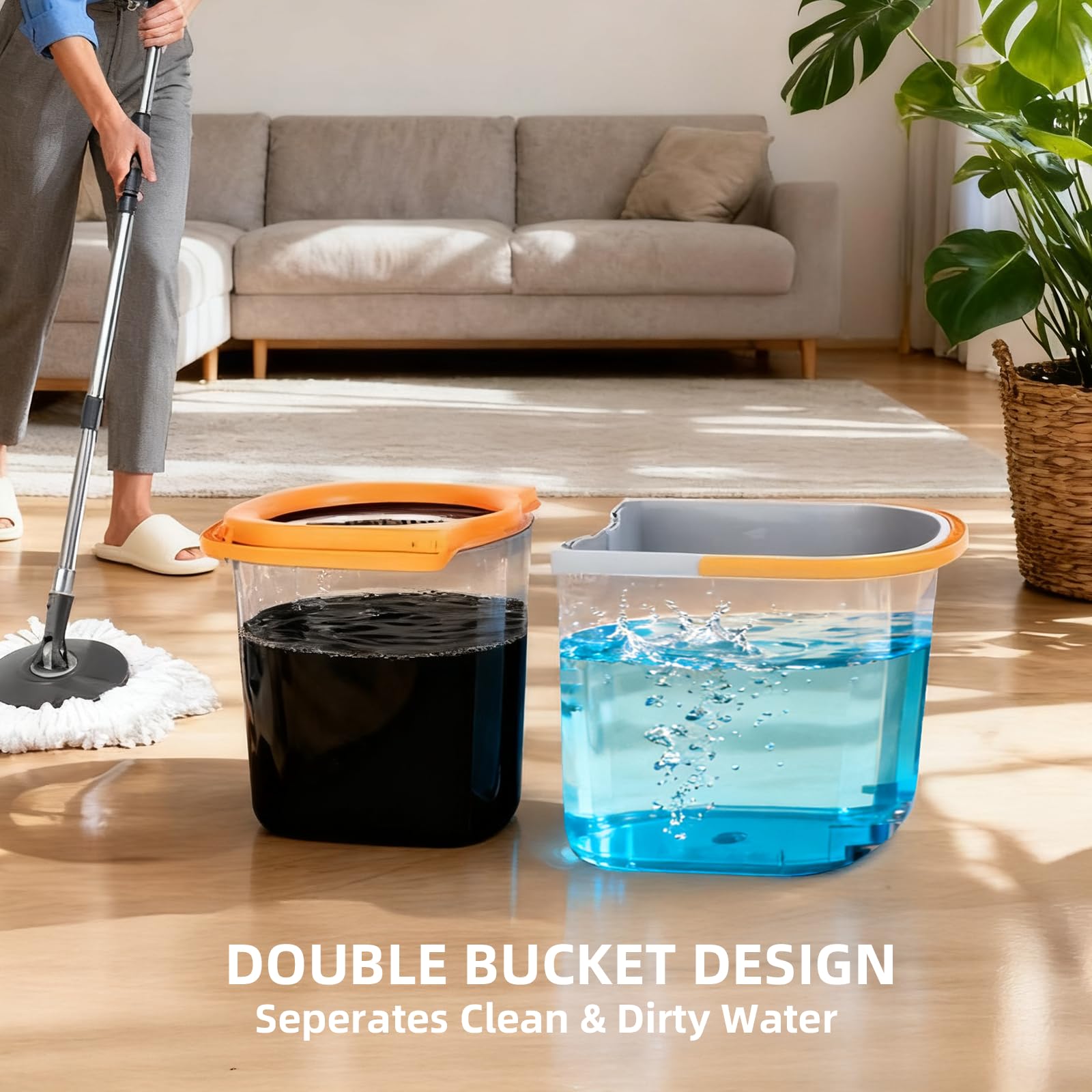 MENSHINE Spin Mop and Bucket Set,Detachable Double Buckets Separate Dirty Water with Stainless Steel Wringer for Floor Cleaning,Cleaning Buckets with 4 Mop Head Replacements for Household Use
