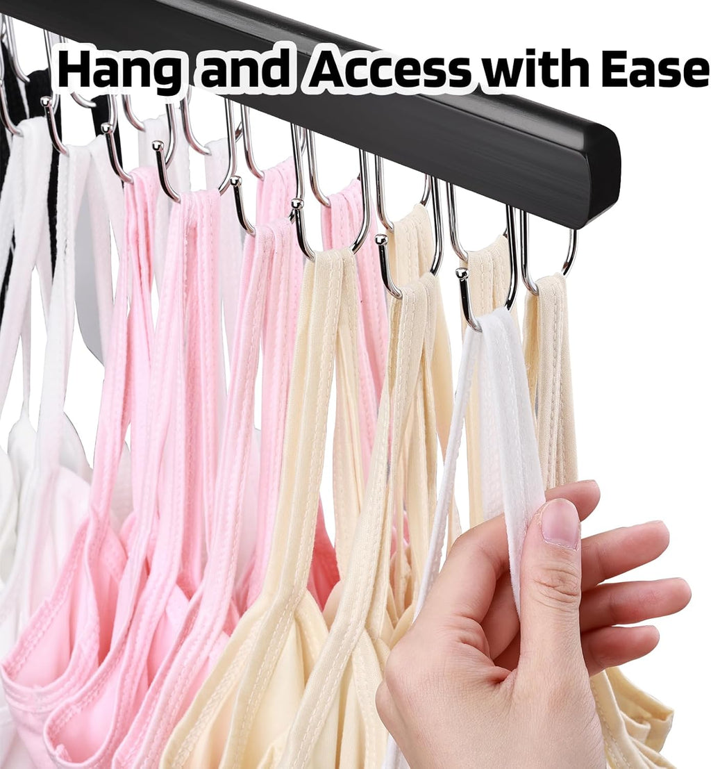 NECAMOCU Bra Hanger - Premium Wooden Closet Organizer with 36 Foldable Hooks | Space-Saving Design, Black