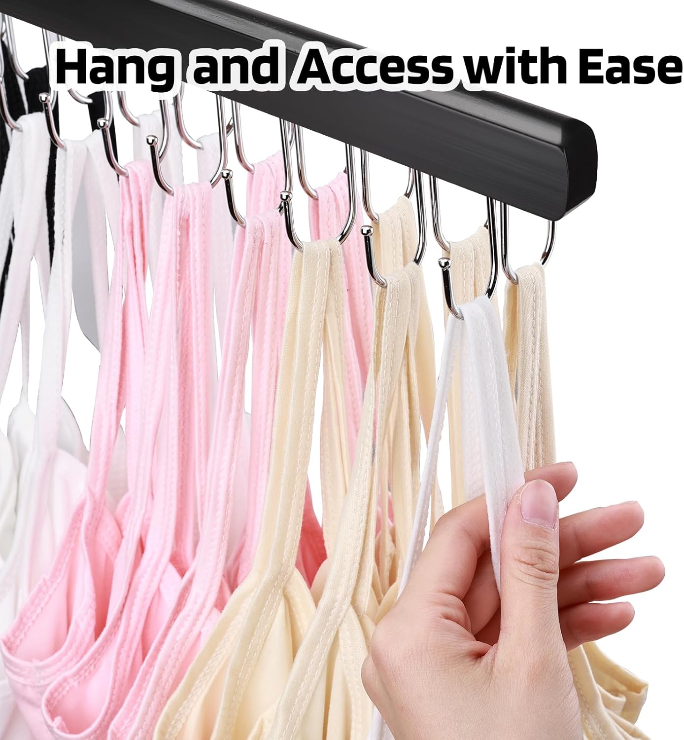 NECAMOCU Bra Hanger - Premium Wooden Closet Organizer with 36 Foldable Hooks | Space-Saving Design, Black