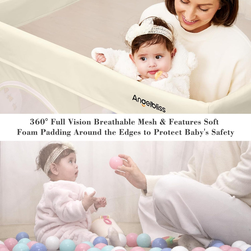 Regine Switzerland Foldable Baby Playpen - Portable 50" x 50" Play Yard with Breathable Mesh & ASTM F406 Certified (Beige)