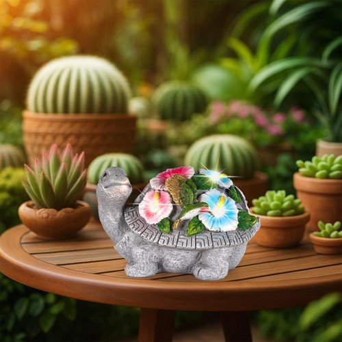 GoGnome Solar Turtle Figurine Lights - 5.5-Inch Garden Statue with Hummingbird Flower | Perfect Outdoor Yard Decoration & Gift