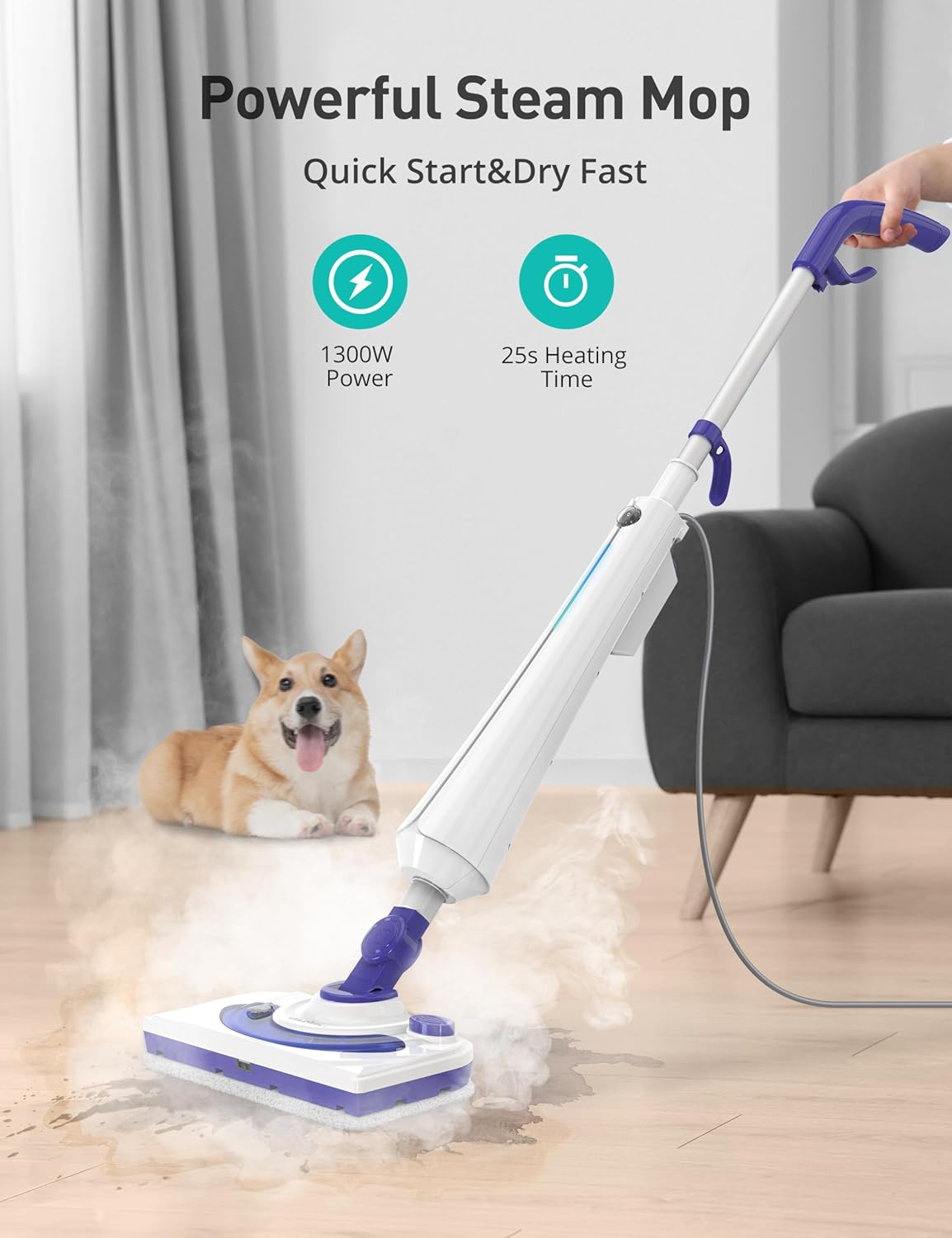 Skiennix 1300W Steam Mop Cleaner - Fast Heating 25s Floor Steamer for Hardwood & Tiles | Lightweight with 2 Washable Pads