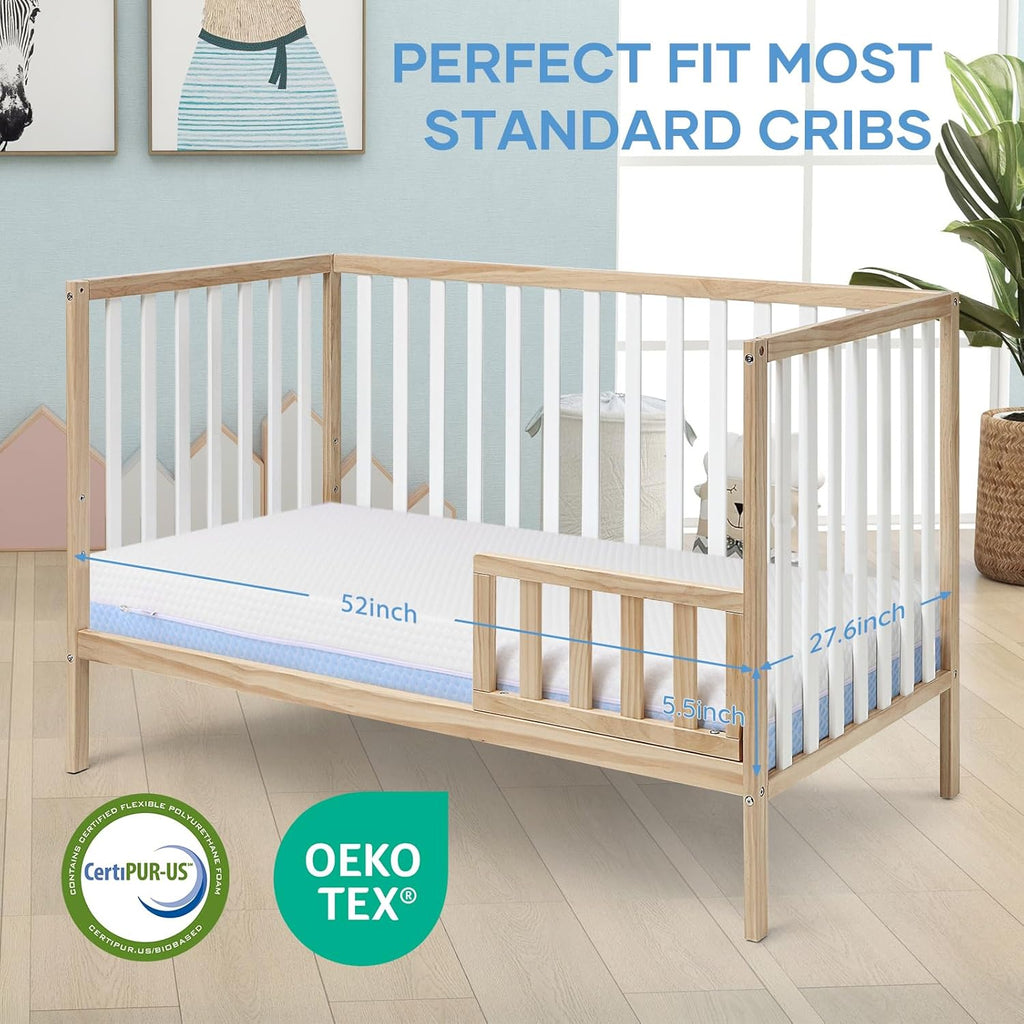 Skiennix Crib Mattress - Dual-Sided Memory Foam for Baby & Toddler | Soft, Breathable, 52" x 27.6" x 5.5", Machine Washable Cover, White & Blue