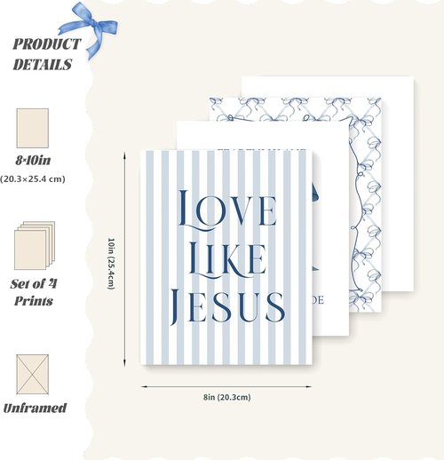 LARTSFRO Coquette Navy Blue Bow Wall Art - Inspirational Christian Decor for Teen Girls | Set of 4 Unframed 10x8 Inch Posters