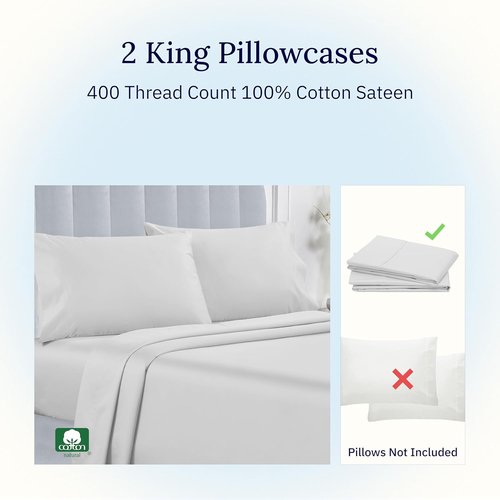 California Design Den King Pillow Cases - Soft 400 Thread Count Sateen, 100% Cotton, Silver | Set of 2
