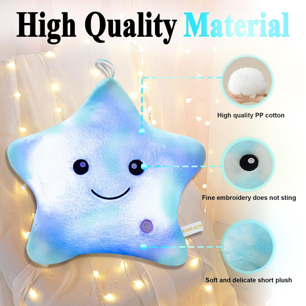 KAHEAUM LED Night Light Star Pillow for Kids Throw Pillow Home Decor Couch Bedroom Office, Cute Stuffed Animals for Girls Plushies Boys Children Toys Daughter Doll Christmas Birthday Gifts White Blue