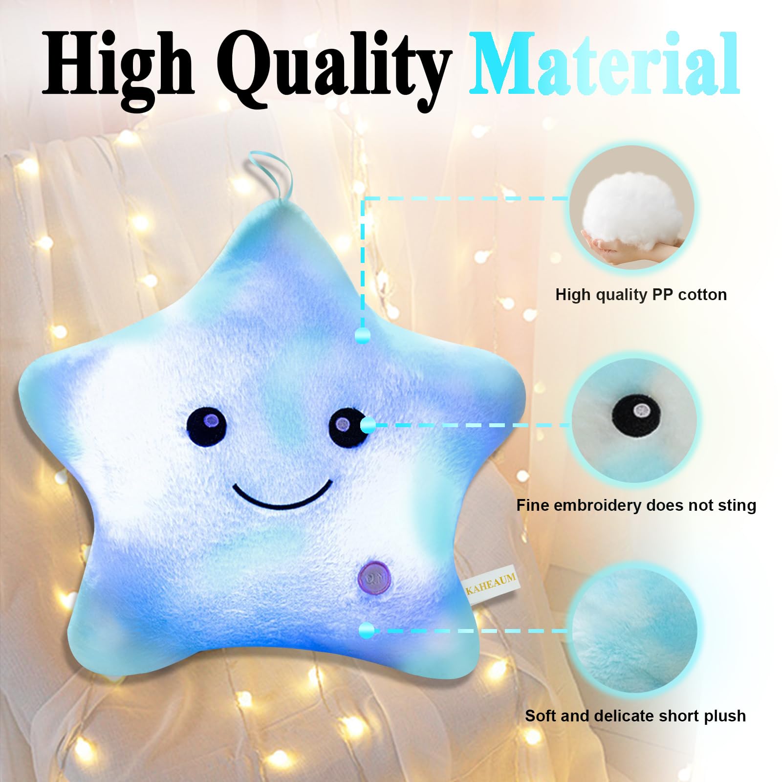 KAHEAUM LED Night Light Star Pillow for Kids Throw Pillow Home Decor Couch Bedroom Office, Cute Stuffed Animals for Girls Plushies Boys Children Toys Daughter Doll Christmas Birthday Gifts White Blue