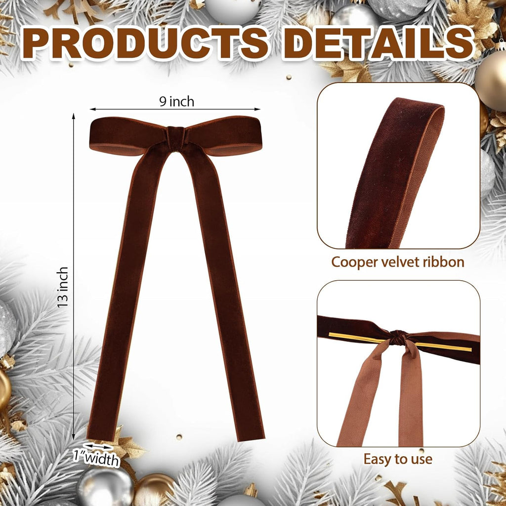 Skiennix 24 Pcs Velvet Bows - Vintage Ribbon Bows for Christmas Tree & Crafts | Reddish Brown, 9 x 13 Inch