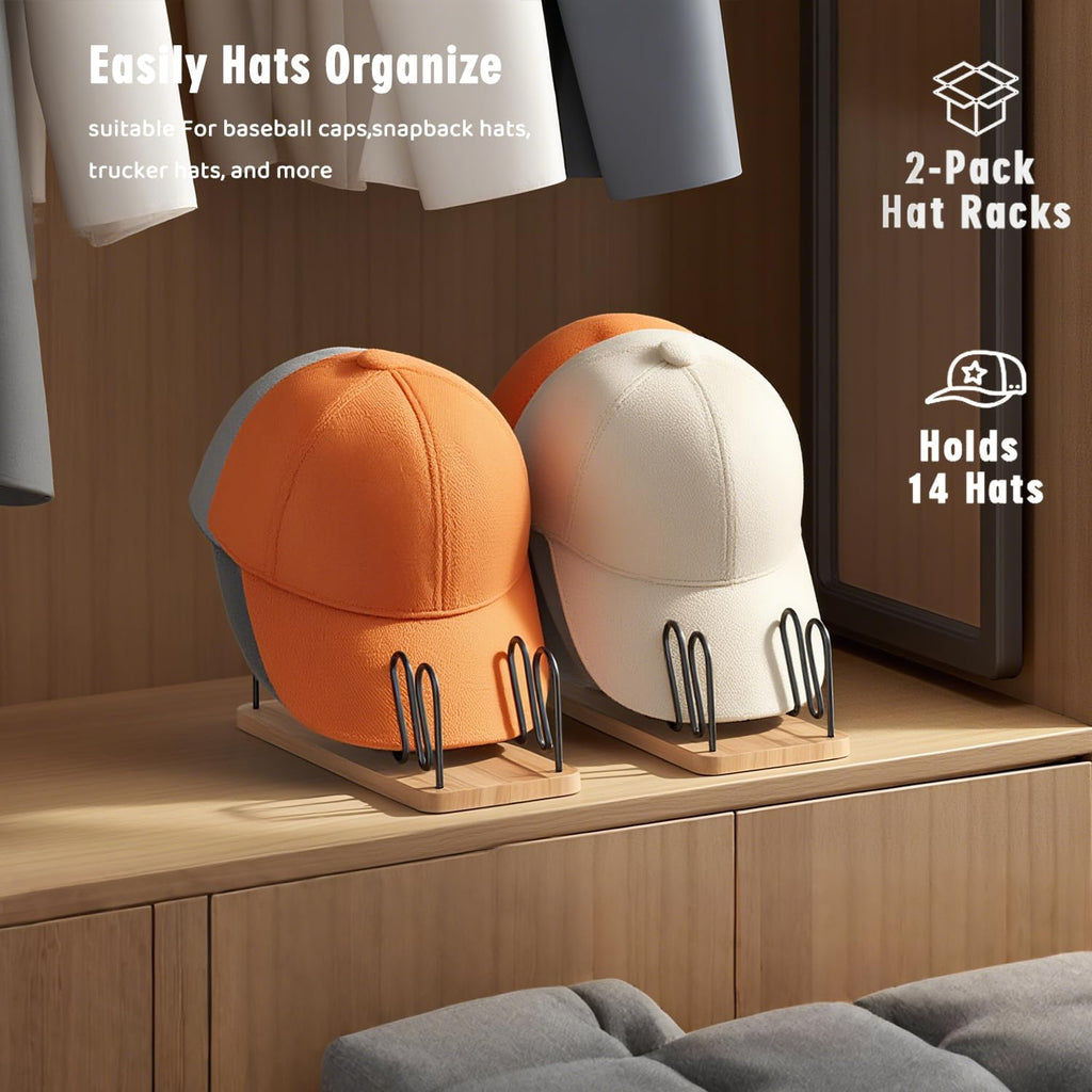 UdoUto Hat Organizer - Space-Saving Wood & Metal Rack Holds 14 Baseball Caps | 2-Pack for Closet & Entryway