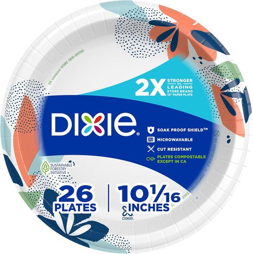 Dixie Large Paper Plates - 10 Inch, 26 Count | 2X Stronger, Microwave-Safe & Soak-Proof Design