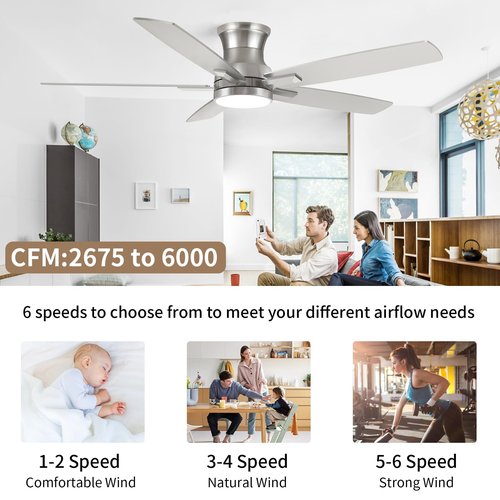 52 Inch Flush Mount Brushed Nickel Ceiling Fan with Light and Remote Control.Noiseless,Dimmable,3CCT,6 Speeds Reversible, Low Profile DC Ceiling Fans for Indoor or Covered Outdoor Use,ETL Listed