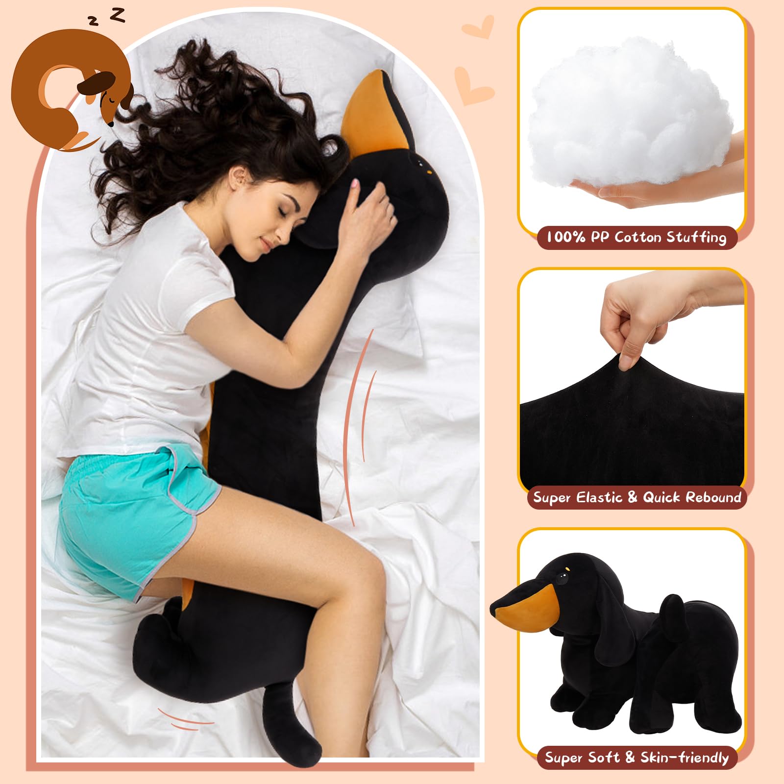MorisMos Dachshund Stuffed Animal Plush 4ft, 43'' Long Weiner Dog Body Pillow for Kids Adults, Lifelike Weiner Dog Toy Designed in NYC, Realistic Black Dachshund Gift for Girl Boy Toddler Women