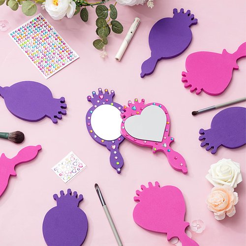 Geetery 20 Pcs Unbreakable Kids Mirror DIY Decorate Your Own Princess Mirror Mermaid Princess Foam Small Crafts for Princess Party Decorations(Purple, Pink)