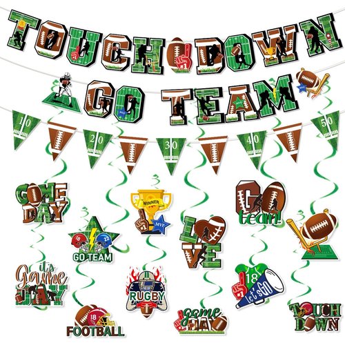 MABROUC 39PCS Football Party Decorations Kit, Tailgate & Football Birthday Party Game Day Supplies with TOUCH DOWN&GO TEAM Banner adn Swirl Streamers