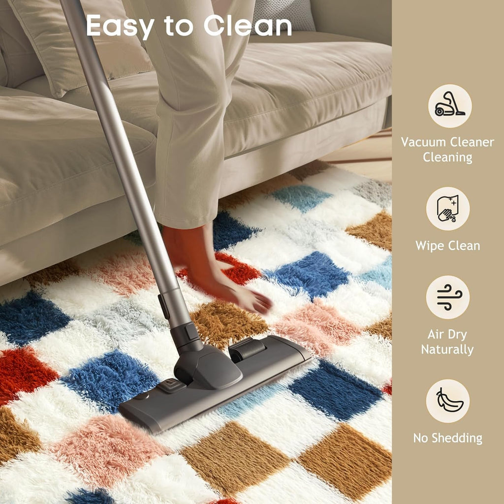Ophanie Checkered Rainbow Rug - Colorful Fluffy Shag Area Rug for Living Room & Bedroom | 4x6 Furry Carpet