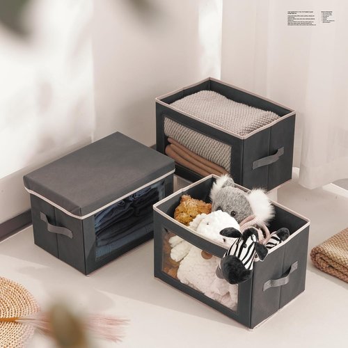 Homsorout Stackable Storage Bins - Medium Foldable Closet Organizers with Lids, 5-Pack, Dark Grey