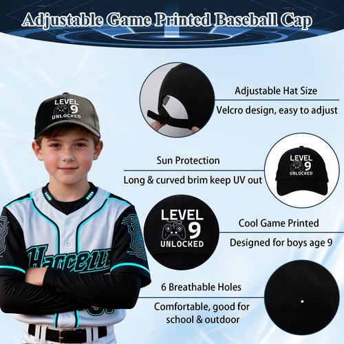 9 Year Old Boy Gifts, Birthday Gifts for 9 Year Old Boy, Cool 9th Birthday Gifts for Boys, Game Theme LEVEL 9 UNLOCKED Water Bottle Baseball Cap Socks Bag Keychain Wristbands for Son Nephew Grandson
