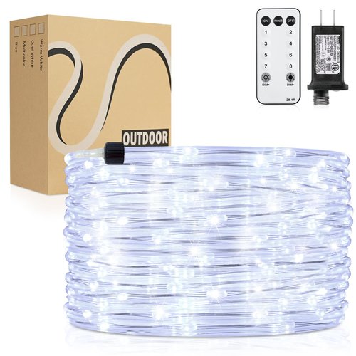 Krislait Rope Lights Outdoor, 98ft 600 LED Outdoor Plug in Rope Light, Waterproof String Lights for Garden, Tree, RV, Patio, Holiday Decor, Party, Christmas (Cool White)