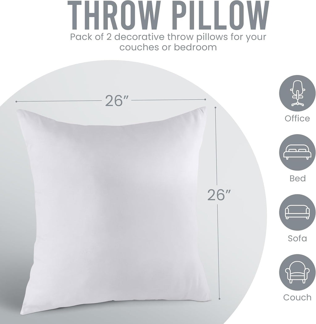 Utopia Bedding 26x26 Pillow Inserts - Set of 2 White Decorative Throw Pillows for Sofa & Couch - Soft & Fluffy Cushions