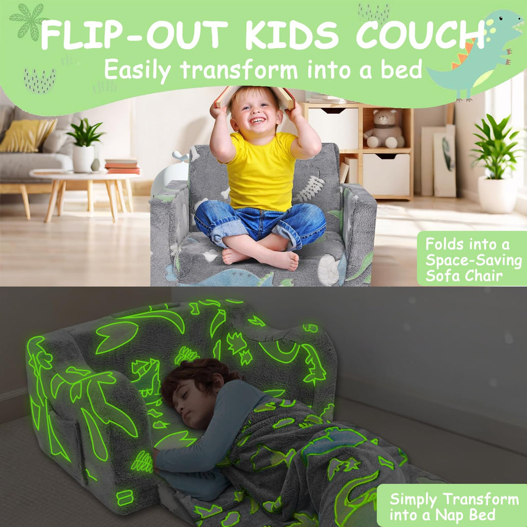 Poakkus 2-in-1 Soft Plush Toddler Couch & Chair – Fold Out Convertible Sofa to Lounger with Blanket, Glow-in-The-Dark Dinosaur Design for Boys & Girls, Playroom/Kids’ Bedroom