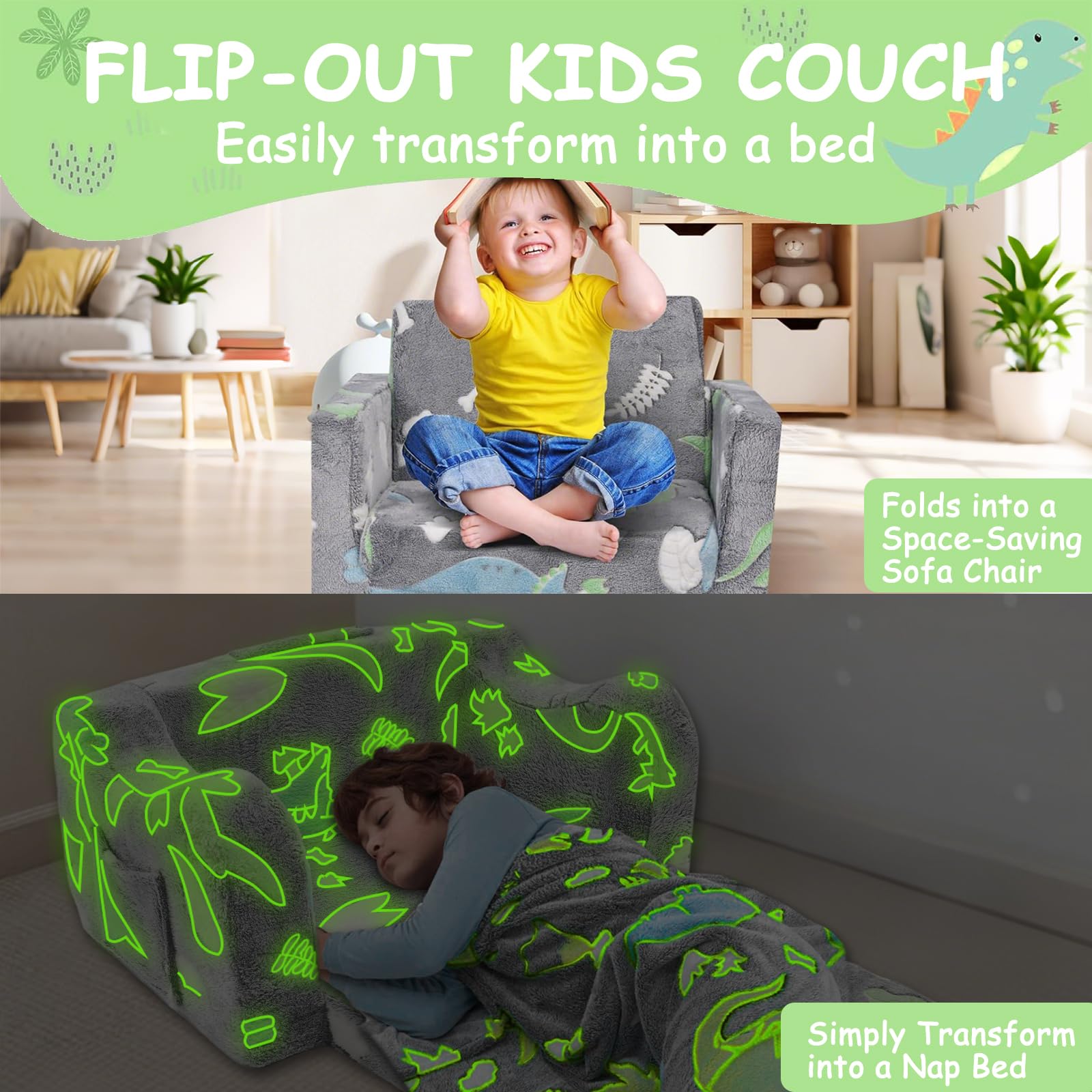 Poakkus 2-in-1 Soft Plush Toddler Couch & Chair – Fold Out Convertible Sofa to Lounger with Blanket, Glow-in-The-Dark Dinosaur Design for Boys & Girls, Playroom/Kids’ Bedroom