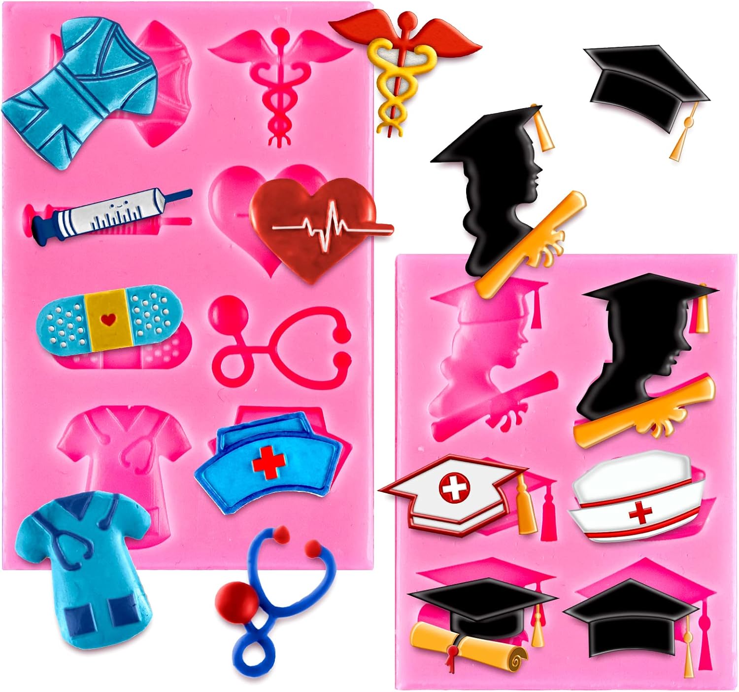 Whaline Nurse Graduation Fondant Molds - Silicone Doctor Hat & Medical Equipment | 2 Pack for Cake Toppers
