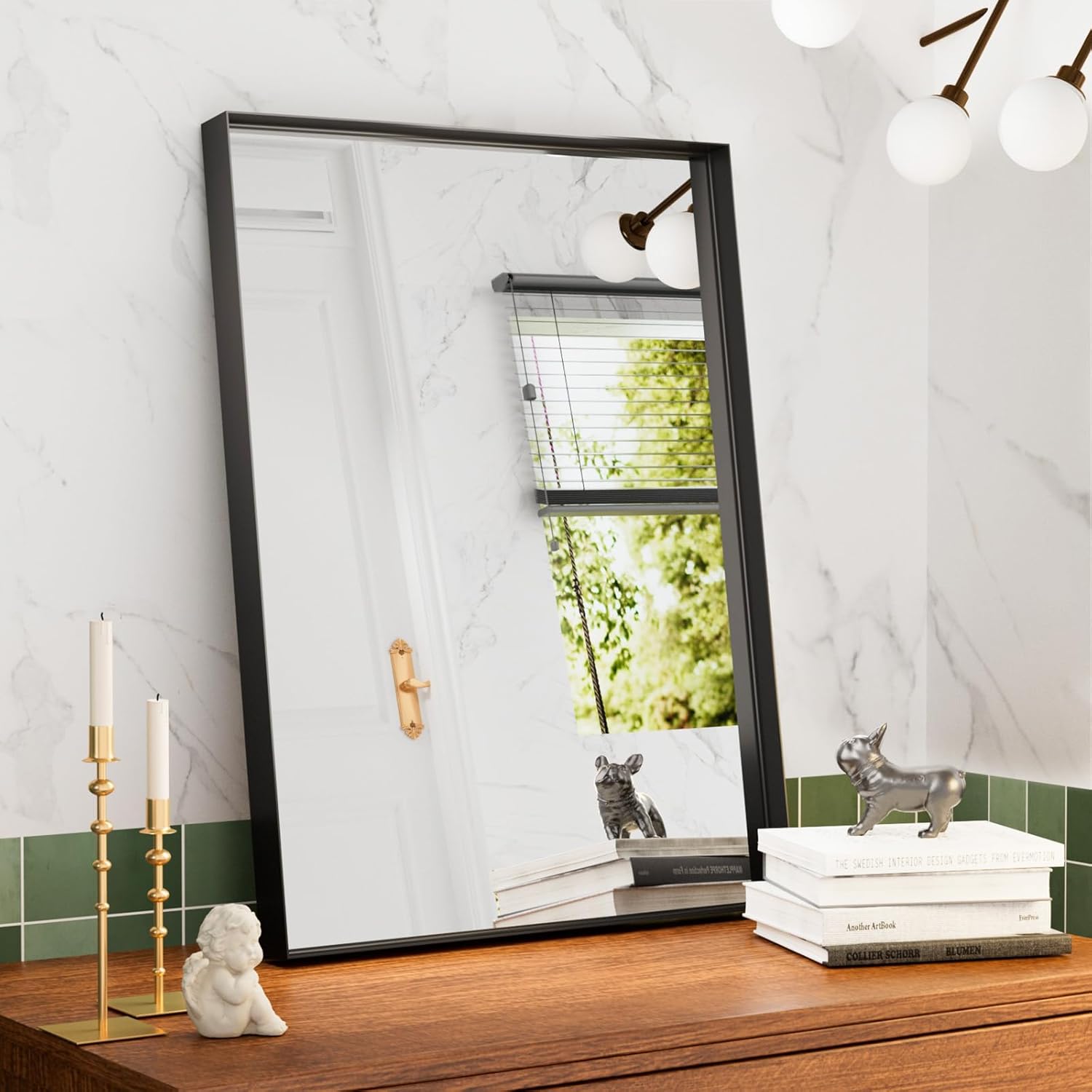 Regine Switzerland Black Vanity Wall Mirror - 22x30 Inch Rectangular Aluminum Framed Design | Anti-Rust Tempered Glass