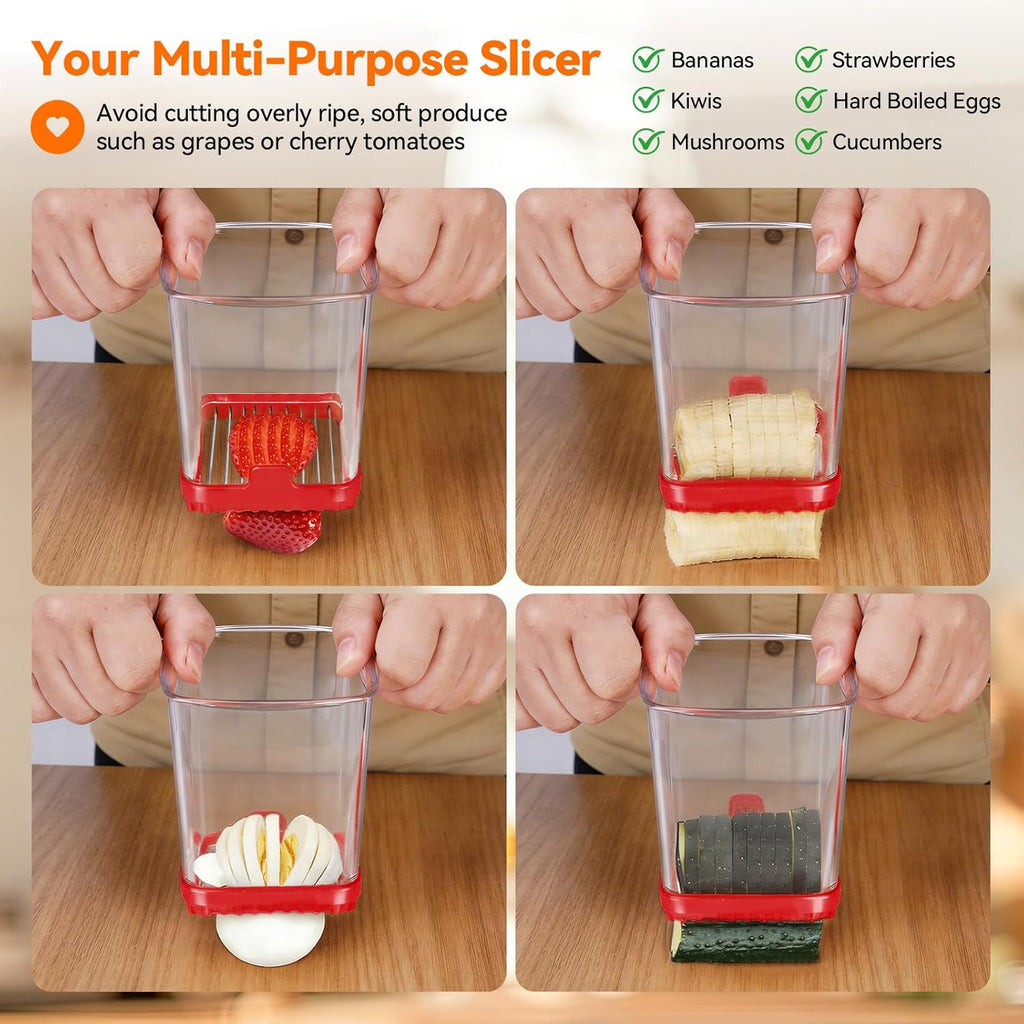 Skiennix Fruit Slicer Cup - Detachable Cutter for Quick Strawberry, Banana & Egg Slicing | Black & Red 2-Pack