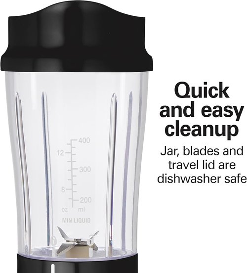 Hamilton Beach Portable Blender - 14 Oz BPA-Free Travel Cup & Lid, Durable Stainless Steel Blades, Black