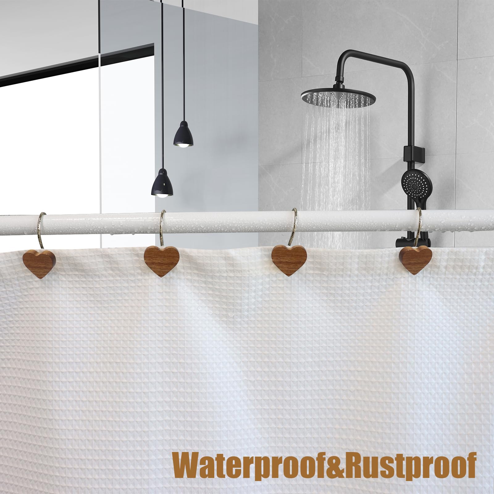 Shower Curtain Hooks, Wood Decorative Shower Curtain Rings, Modern Round Log Shower Curtain Hangers, 12PCS Shower Hooks for Shower Curtain Rod, Bedroom, Living Room (Heart-Black)