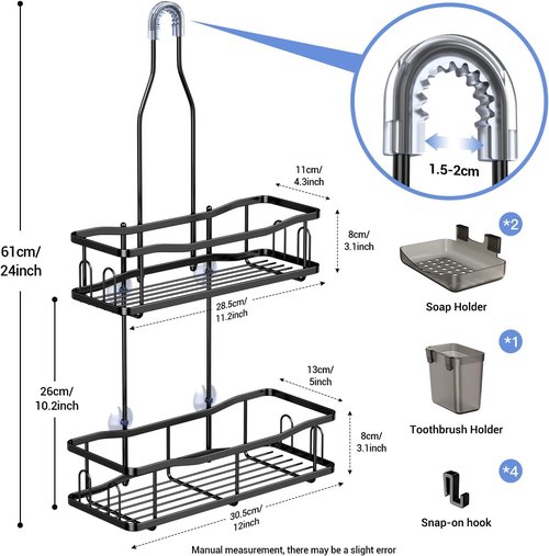 Aitatty Hanging Shower Caddy | Rustproof Bathroom Organizer Over Shower Head - Black, No Drilling Required