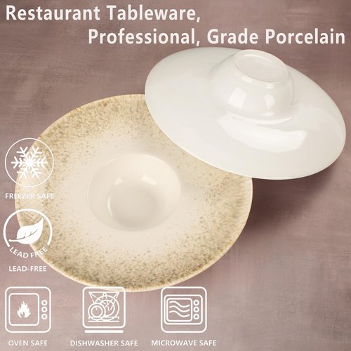 jinsongdafa Soup Bowls, Soup Plates, 7.1 oz,Porcelain Pasta Bowl Set of 4, Wide edge Shallow Bowl Plates, Rimmed Bowls with Rim, Best choice for high-end restaurants and foodies,Gradient beige11.6Inch