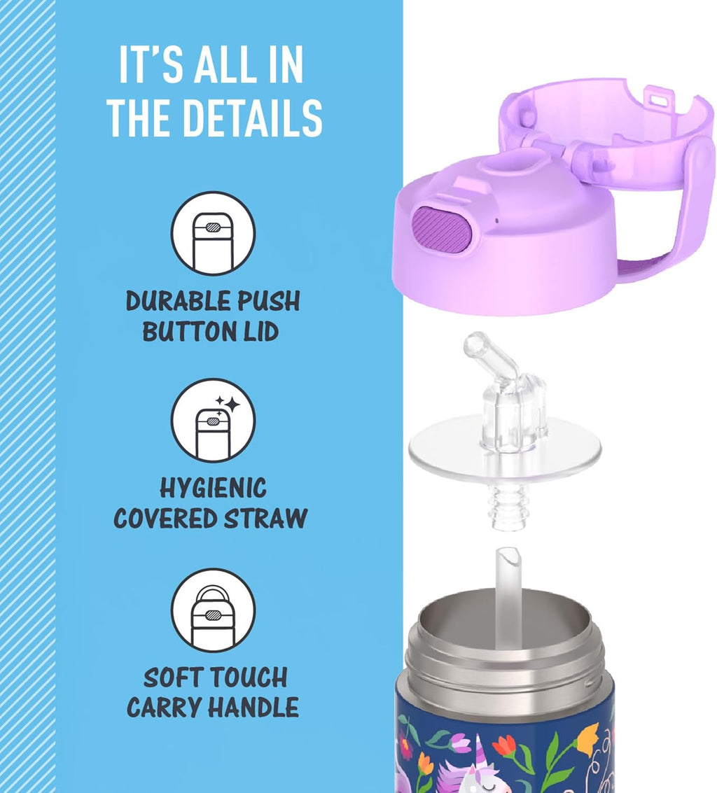 THERMOS FUNTAINER Water Bottle - 12 Ounce Kids Stainless Steel Vacuum Insulated - Unicorn Blooms Design