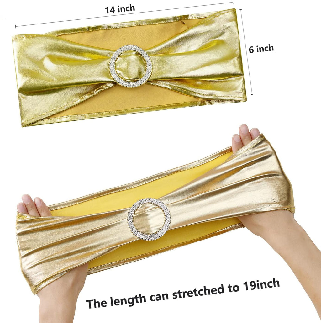 Spandex Gold Chair Sashes - 50 Pack Stretch Chair Bands with Buckles for Wedding & Event Decor - Metal Gold