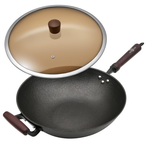 HONGJIANG Cast Iron Wok Pan with Lid, 12.6" Pre-Seasoned Flat Bottom Wok, Coating-Free Wok Stir Fry Pan, Compatible Traditional Chinese Wok for Induction, Electric, Gas, Open Fire